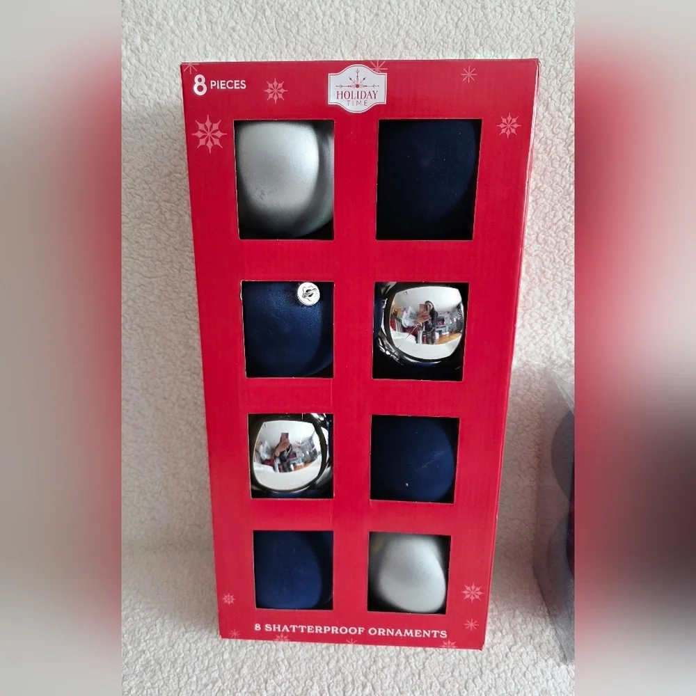 New Holiday Time Navy & Silver Shatterproof Christmas Ornaments bundle 3.94